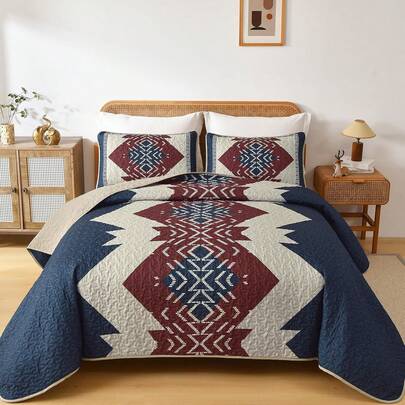 3 Pieces Blue Red Boho Quilt Set Queen King Size, Texture Quilt With 2 Pillowcases, Bohemian Geometric Bedspread Bedding Set Microfiber Quilted Coverlet Set For Wedding Items, Valentines Day Home Bed Room Decor, Mothers Day Gift, All Season