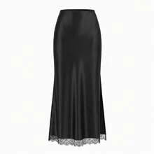 Women's Black High Waist Solid Satin Skirt With Lace Hem & Side Slit, Elegant Party Skirt Suitable For Dance & Daily Wear - Black - View 6