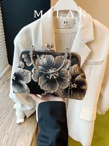 2026新款链条流苏晚宴手拿包，时尚明星手提包，单肩斜挎包，纯色拉链链条托特包【花卉图案位置随机】 - 黑色 - 查看 11