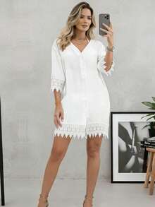Women's Bohemian Style White Lace Detail 3/4 Sleeve Long Woven Fabric Beach Cover-Up Dress Vacation - White - View 4