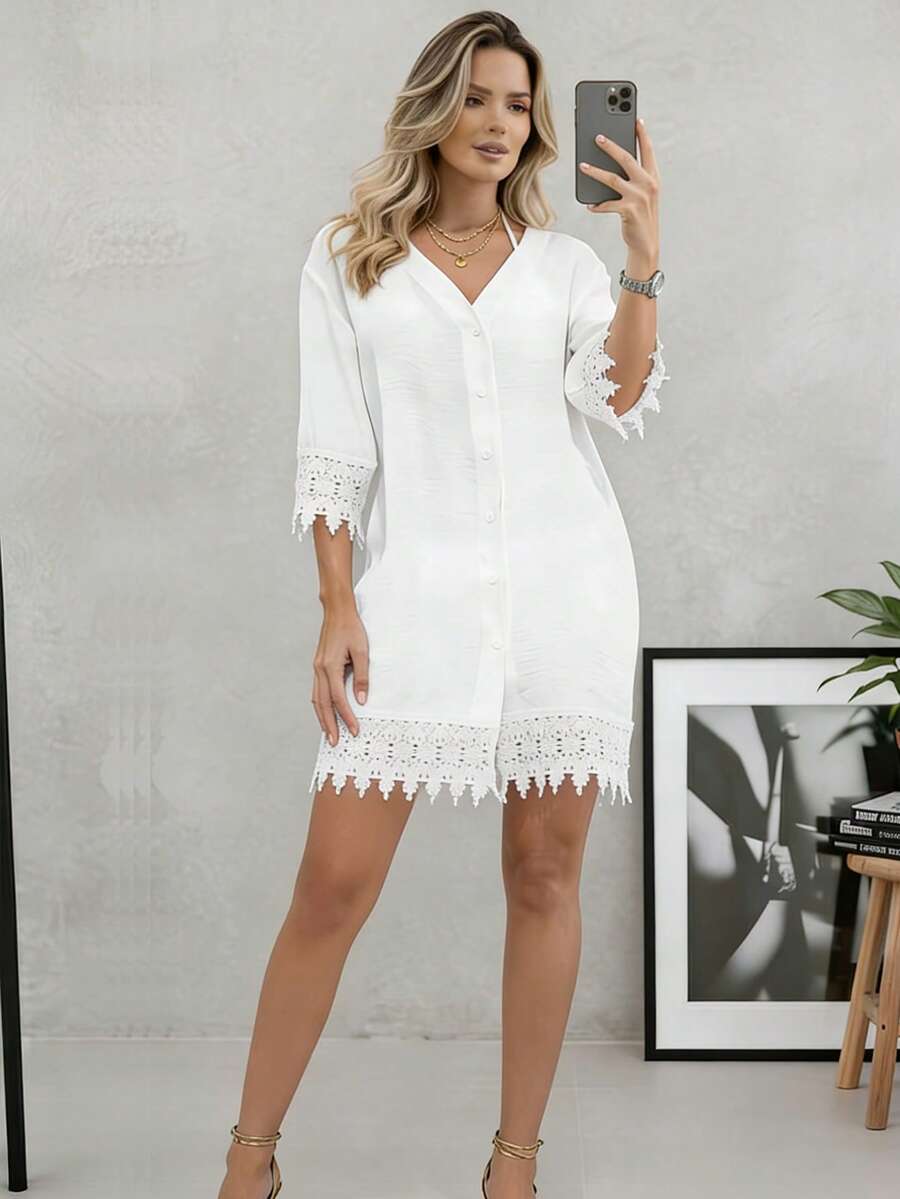 Women's Bohemian Style White Lace Detail 3/4 Sleeve Long Woven Fabric Beach Cover-Up Dress Vacation