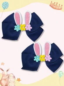 2pcs 5.5 Inch Rabbit Ear Decor Hair Clips With Bow, Flower And Rabbit Ear Decor, Holiday Party Gift Bow, Easter Bow, Elegant Style - A - View 5