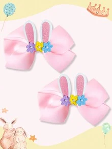 2pcs 5.5 Inch Rabbit Ear Decor Hair Clips With Bow, Flower And Rabbit Ear Decor, Holiday Party Gift Bow, Easter Bow, Elegant Style - A - View 6