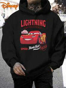 Disney Men's Casual Hoodie, Lightning McQueen 95 Flame Print, Bold Racing Style, Relaxed Fit, Ideal For  Streetwear & Fan Gatherings - 黑色 - 查看 2
