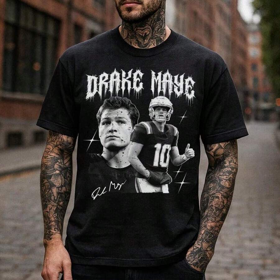 Drake Maye 90s Tee, Drake Maye Signature Vintage Shirt Football Fan Lovers, Drake Maye Graphic Shirt - 黑色 - 查看 1