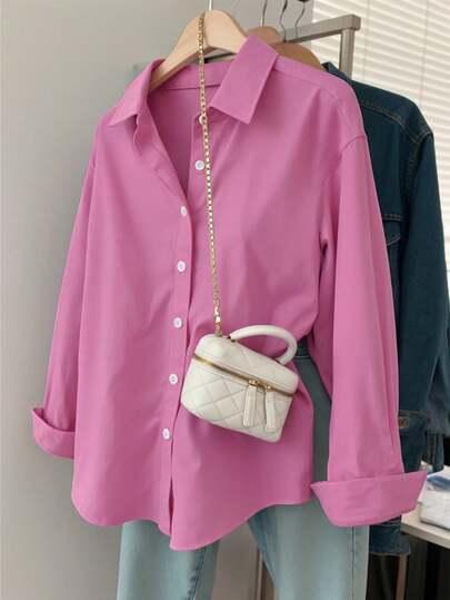 Áo sơ mi dài tay nữ kiểu dáng mới, áo khoác ngoài tối giản thời trang, áo sơ mi dài tay cài nút màu trơn nhẹ nhàng, trang phục công sở thường ngày cho nữ, áo dài tay bốn mùa.