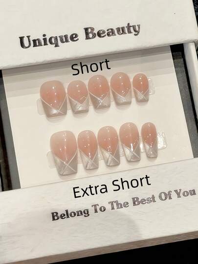 10pcs Handmade Nails Coffin Nails Acrylic Press On Nails Medium, Minimalism Pink Nails, Blush-Like Pink Gradient, Flashy Cateye V French Tip Nails, Minimalism Edgy Elegant Simple Spring Nails, Summer Press On Nails, Festival Nails, Party Daily & Dating Use Beach Tropical Getaway Suitable,DIY False Nail Art Suitable For Women & Girls As Gift Nail Supplies Handmade Press On Nails