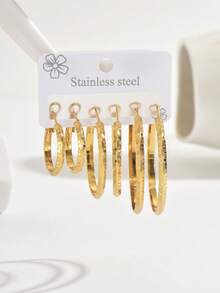 6pcs/Set Retro Stainless Steel Textured Hoop Earrings Set, Suitable For Daily Wear - Multicolor - View 3