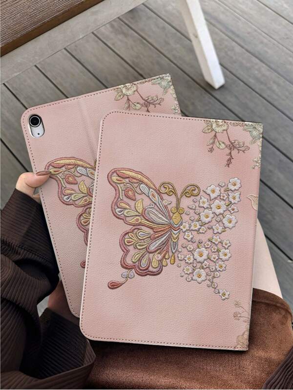 1 件粉色蝴蝶刺绣图案防摔皮革平板电脑保护套，适用于第 10/11 代和 11 英寸 Pro（2025 款），支持自动唤醒/睡眠功能，是办公/学习/娱乐的必备保护套，且为非磁性保护套。