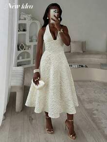 Đầm midi nữ màu trắng thanh lịch, chất liệu jacquard, cổ chữ V sâu, eo cao, dáng xòe, kiểu dáng mùa hè thịnh hành, phù hợp cho các bữa tiệc, kỳ nghỉ trang trọng mùa hè. - Màu be - Xem 4