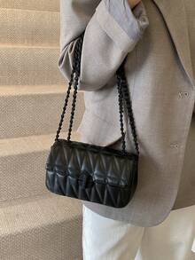 Mini New Rhombus Chain Handbag, Minimalist Design Crossbody Bag, Commuting Shoulder Bag - Black - View 2