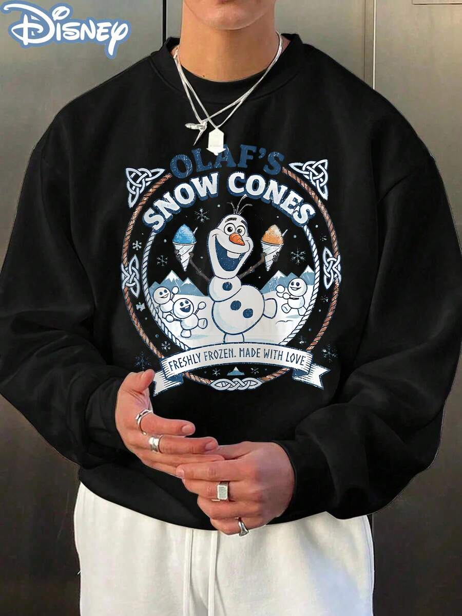 Disney Official Licensed Frozen Olaf's Snow Cones Retro Poster Print Popular Anime Style 250g Cotton Crew Neck Unisex Crewneck Sweatshirt - 黑色 - 查看 1