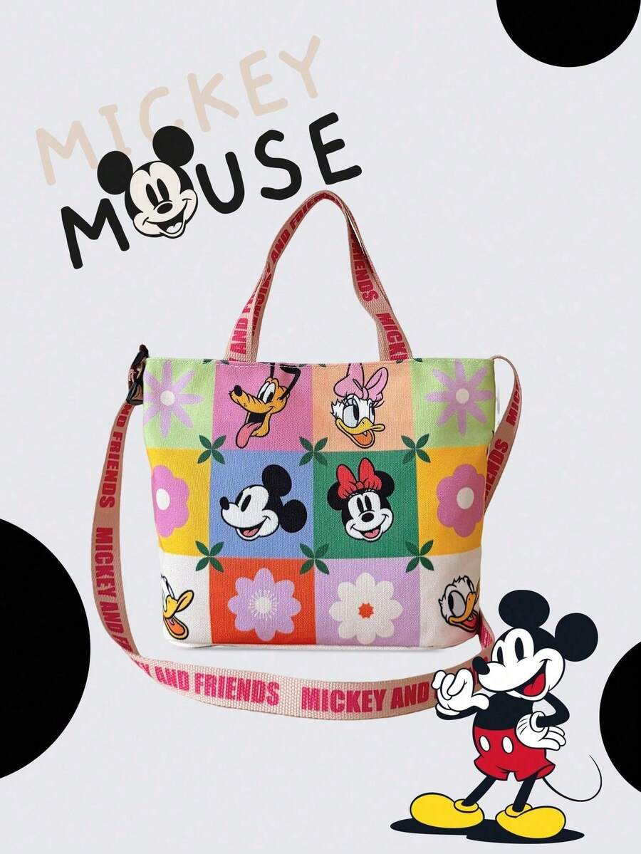 Disney 官方授权单件装印花卡通糖果袋女士手提包 & 可爱卡通手提包，日常使用，休闲帆布单肩包，方便携带 – 适合女性/女孩购物/日常使用/时尚配饰 - 彩色 - 查看 1