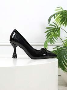 2026 New Elegant Women's Fashion Versatile High Heels, Black Patent Leather Pointed Toe Bowknot Asymmetric Heel Pumps, Sweet & Chic For Daily Commute - Black - View 6