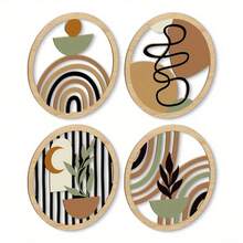 4pcs 2D Flat Bohemian Style Round Wooden Hanging Signs - Hand-Painted Style Wall Art Decor, Brown, Green, Gold - Farmhouse, Living Room, Office, Cafe, Home Decor Signs, Rustic Charm, Decorative Plaques, Home Goods - Multicolor - View 4