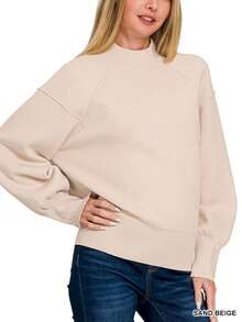 Women's Casual Pullover Mock Neck Ribbed Knit Oversized Silhouette Long Sleeve Sand Beige - SAND BEIGE - View 1