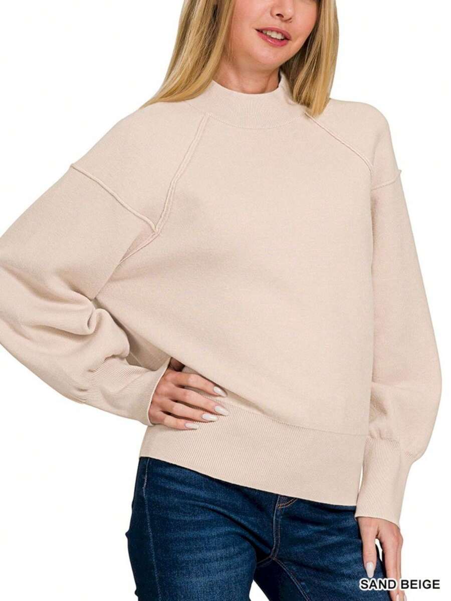 Women's Casual Pullover Mock Neck Ribbed Knit Oversized Silhouette Long Sleeve Sand Beige - SAND BEIGE - View 1