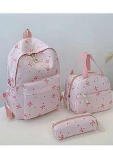 3pcs/Set Cute Bowknot Casual Backpack, Floral Pattern Schoolbag, Satchel & Pencil Case For Middle School Students, Versatile & Spacious - Pink - View 4