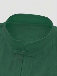 Blusa holgada y cómoda para mujer con cuello mao, botones, parches de malla y estilo retro artístico chino - Verde - Ver 4