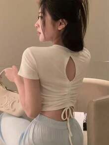 Hombro diseño sentido nicho cordón backless puro deseo viento hueco camiseta de manga corta verano nuevo Spice Girls tops cortos playeras de mujer - Albaricoque - Ver 4