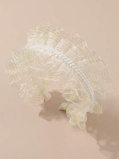 1pc Girls' Mesh Lace Pearl Beige Headband, Suitable For Wedding Season Decor And Daily Wear