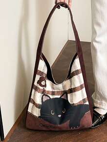 1pc Black Cartoon Cat & Dog All-Over Print + Funny Letter Print Thick Canvas Large Capacity Tote Bag, Casual College Style Shoulder Tote Bag For Daily Commute - Multicolor - View 9