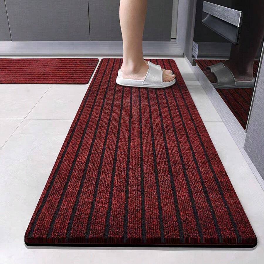 Kitchen Rug Anti-Slip Entryway Doormat Kitchen Door Mat Absorbent Oil-Resistant Striped Rug Easy To Clean - Red - View 1