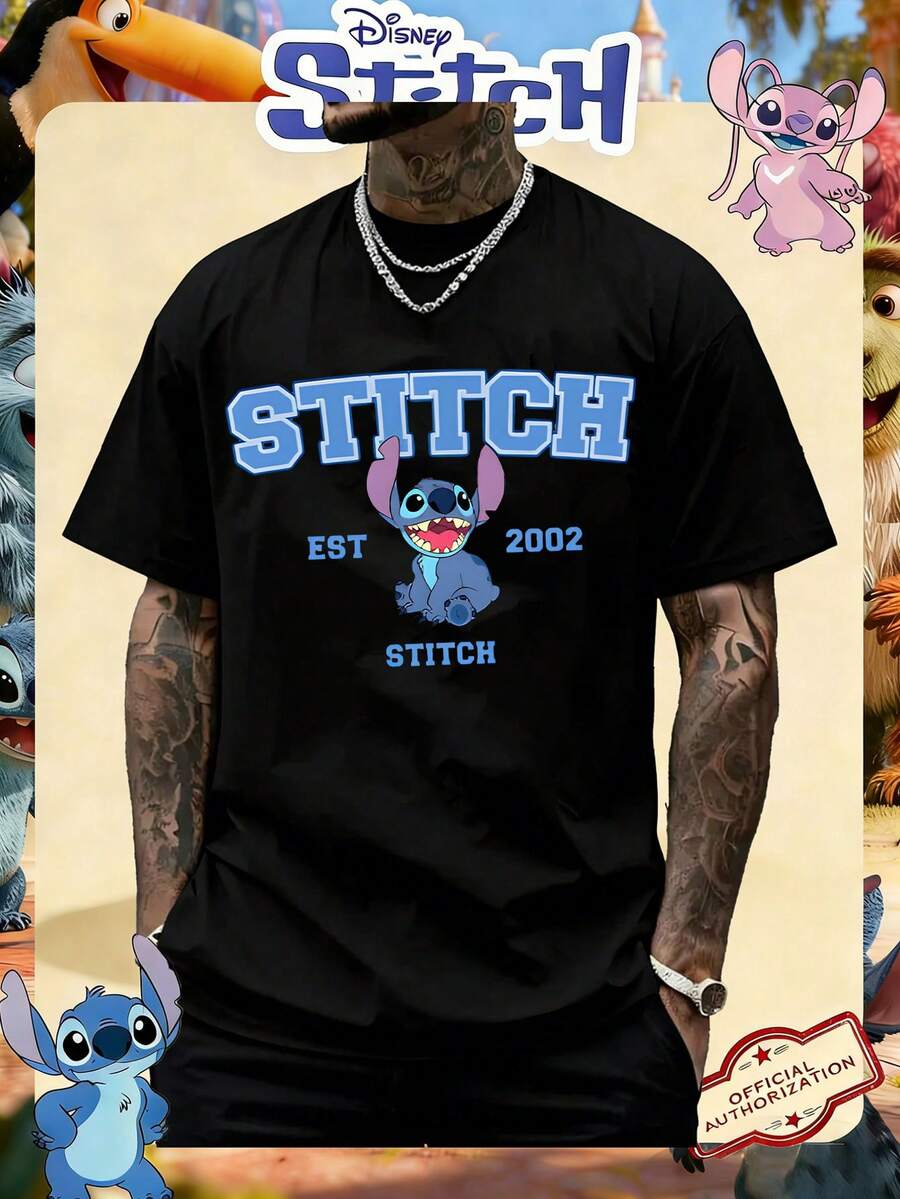 Disney Official Licensed Lilo & Stitch The Stitch Tour Collage Print 220g Cotton Crew Neck Unisex Tee - màu đen - Xem 1