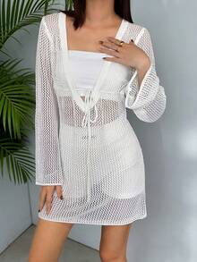 女士新款白色钩针镂空露背系带长袖迷你针织连衣裙，时尚优雅性感沙滩派对泳装罩衫，春夏款 - 白色 - 查看 2