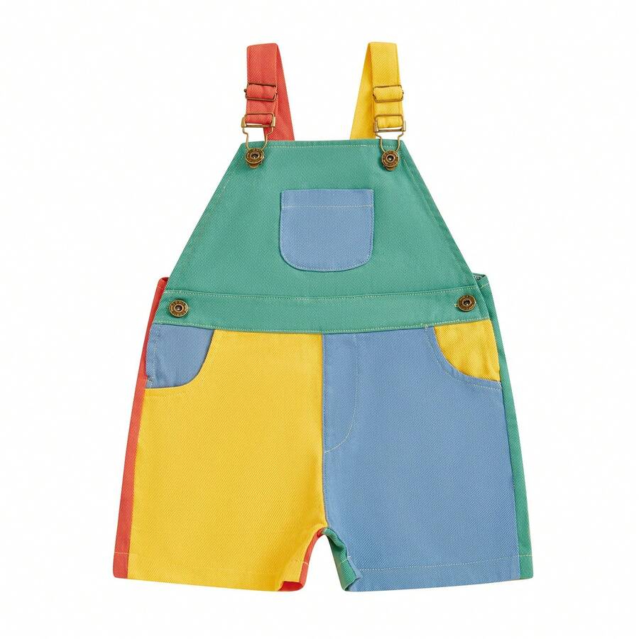 Kids Girls Boys Overall Shorts, Cute Contrast Color Summer Jumpsuit With Pockets For Casual Daily - 芥末黃 - 查看 1