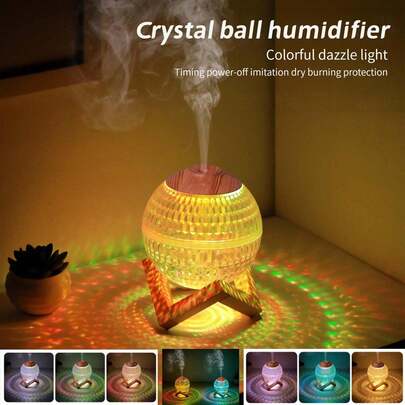 1个7色水晶加湿器，家用桌面RGB氛围灯和香薰机，创意USB台灯，彩色夜灯，静音雾化，定时断电，安全开关，可调节雾化角度，USB供电，情人节、母亲节、父亲节的理想礼物