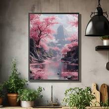 1幅帆布墙画，带框墙画，樱花河景海报，粉色樱花风景墙画，日式春日自然风光画，春季家居装饰，春季装饰品，房间装饰美学，宿舍装饰，卧室装饰，客厅装饰，浴室装饰，厨房装饰，公寓装饰，办公室装饰 - A - 查看 11