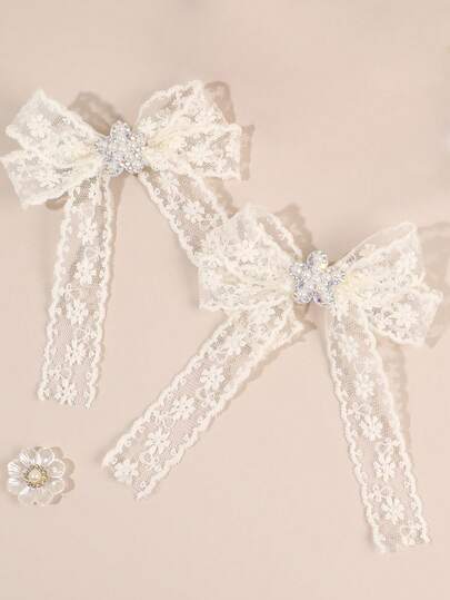 2pcs White Flower Pearl Hair Bow Clips For Girls,Mesh Yarn Pearl Decor Hair Bows Clips For Girls,Fashion Alligator Clips Hair Accessories For Girls Spring Gifts