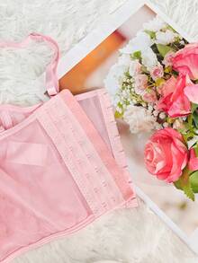 Black Rhinestone Thin Straps Bustier Top - 1 Piece Mesh Panel Cropped Waist Cinching Bust Enhancing Sexy Fashionable Date Party - وردي - مشاهدة 7