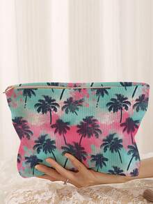 1个便携式椰树图案双面印花拉链化妆包，多功能旅行洗漱用品收纳包 - 彩色 - 查看 1