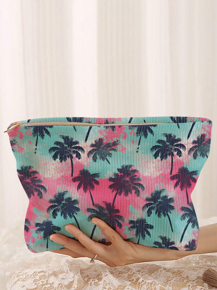 1个便携式椰树图案双面印花拉链化妆包，多功能旅行洗漱用品收纳包 - 彩色 - 查看 1