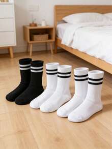 6双装经典条纹舒适透气纯色双条纹男女通用中筒袜 - 黑與白 - 查看 8