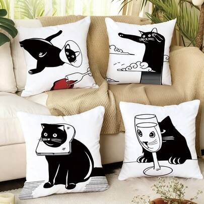 MEMNUN 4pcs Mischievous Black Cat Illustration Print Pillow Covers [No Pillow Insert], 17.7*17.7in(45*45cm)/19.69*19.69in(50*50cm)/15.75*15.75in(40*40cm), [Single-Sided Printing] Made Of Polyester, Creative Cartoon Black Cat Funny Wine Meme Decorative Throw Pillow Cases For Sofa, Bed, Living Room, Bedroom, Car, Office, Hotel, Suitable For All Seasons, Perfect Gift For Family And Friends