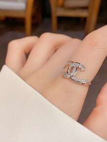 优雅法式水钻字母开口戒指，奢华百搭闪亮独特设计指节戒指 - 開口戒指 - 查看 2