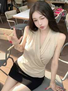 Áo nữ Y6Y mùa hè mới, cổ chữ V sâu, không tay, màu mơ nhạt. - Màu be - Xem 1