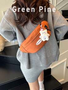 学生街头可爱纯色女士斜挎包，夏季多功能腰包，泰迪熊装饰，休闲手机零钱包单肩包，户外旅行大容量运动斜挎包，时尚日常通勤假日礼物腰包 - 珊瑚橙 - 查看 2