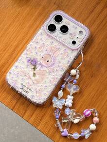 New Cute Purple Flower & Rabbit Pattern Camera Protective Phone Case For IPhone 17 Pro Max, 17 Pro, 16 Pro Max, 15 Pro, 16 Pro, 17 Y2K Pearl Chain Cartoon Protective Cover - Floral Bunny - View 3