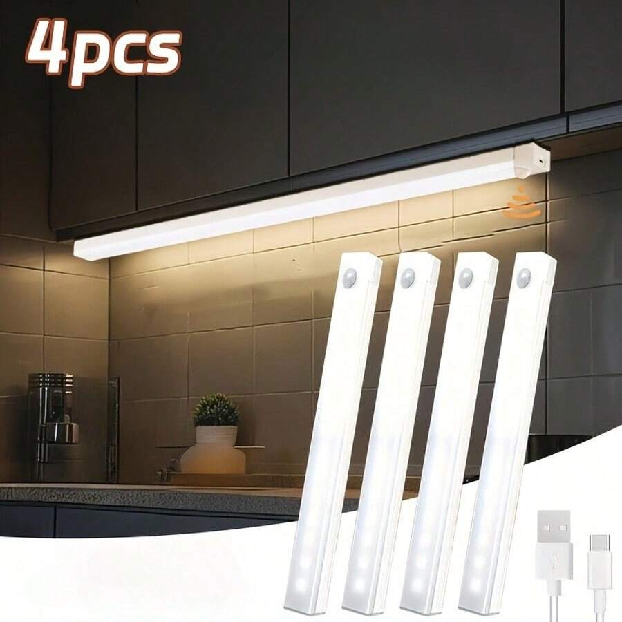 4pcs Motion Sensor Lights, Bedroom Night Lights Bars, USB Rechargeable LED Lights, Suitable For Room, Cabinet, Closet, Corridor And Stairs, 19.69 Inch/11.81 Inch/7.87 Inch/3.94 Inch, Warm Light/White Light