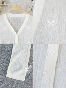 女士透视针织开衫，饰有3D蝴蝶图案 - 时尚优雅休闲甜美白色纽扣长袖上衣，适合春夏假期穿着 - 白色 - 查看 10