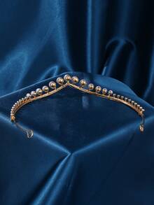 Vương miện cài tóc đính ngọc trai đơn giản, băng đô cài tóc đính pha lê, phụ kiện tóc cô dâu, trang sức dự tiệc. - Vàng - Xem 3