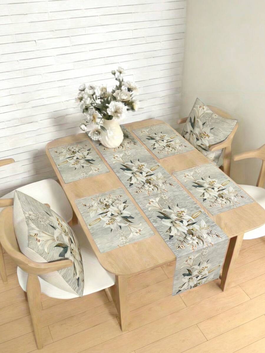 1pc Spring White Floral Print Table Runner - Polyester Woven Rectangular Dust-Proof And Wipeable Tablecloth For Home Party Decor, Aesthetic Room Decoration, Lily Design - Multicolor - View 1