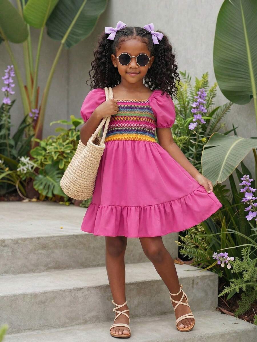 Girls Bohemian Style Puff Sleeve Patchwork Dress - Hot Pink - View 1