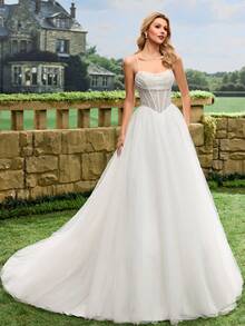 Glamorous Sequin Spaghetti Strap Formal Evening Gown, White Tulle Wedding Dress With Train Spring - White - View 3