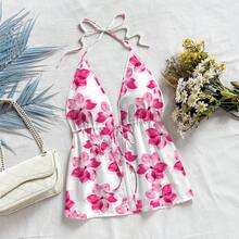 女士露背吊带背心，花卉叶子印花图案，蝴蝶结露背沙滩度假上衣 - 玫紅色 - 查看 2
