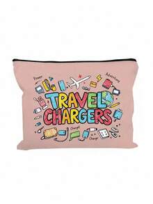 時尚女款彩色「Travel Charger」字母圖案化妝包，化妝品收納袋，數據線收納袋，大容量零錢包，春夏旅行配件，度假拉鍊收納袋。適用於度假、辦公室、購物、酒店、返校禮物、生日禮物、旅行配件、母親節禮物、婚禮配件 - 彩色 - 查看 16
